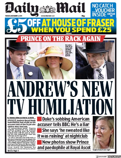 Daily Mail Newspaper Front Page for 3 December 2019