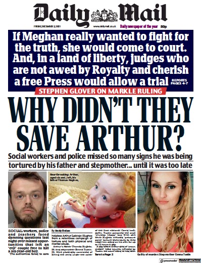 Daily Mail (UK) Newspaper Front Page for 3 December 2021