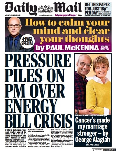 Daily Mail (UK) Newspaper Front Page for 3 January 2022