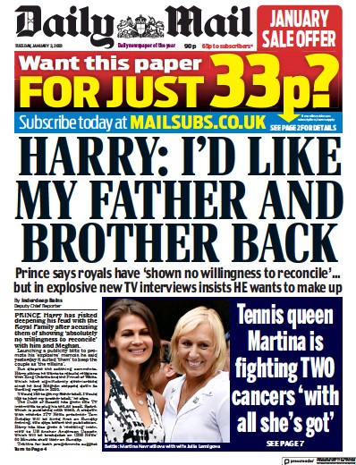 Daily Mail (UK) Newspaper Front Page for 3 January 2023
