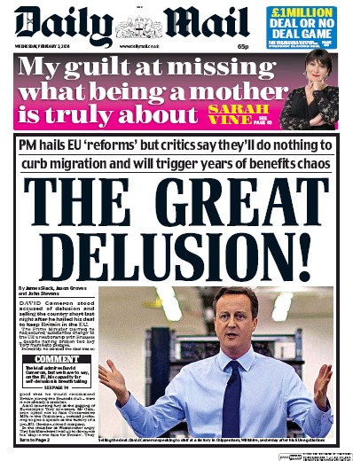 Daily Mail Newspaper Front Page for 3 February 2016