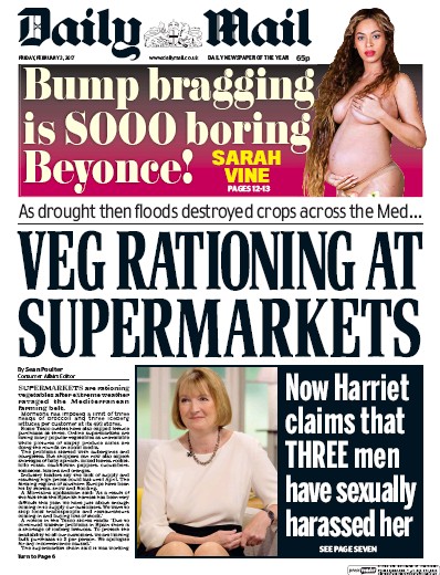 Daily Mail (UK) Newspaper Front Page for 3 February 2017