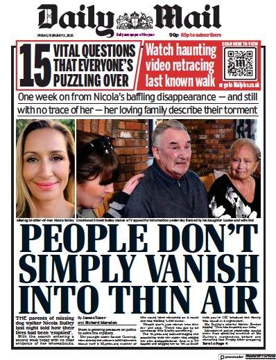 Daily Mail (UK) Newspaper Front Page for 3 February 2023