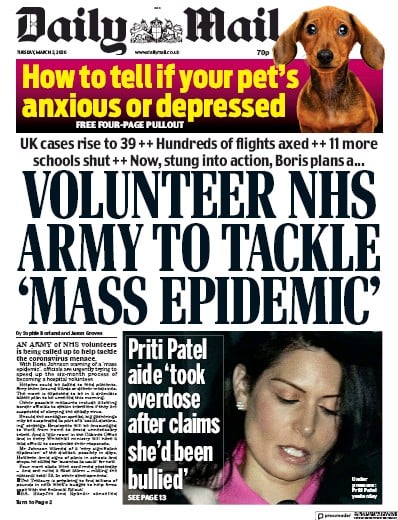 Daily Mail Newspaper Front Page for 3 March 2020