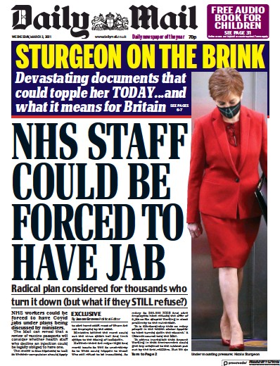Daily Mail (UK) Newspaper Front Page for 3 March 2021