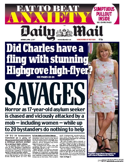 Daily Mail Newspaper Front Page for 3 April 2017