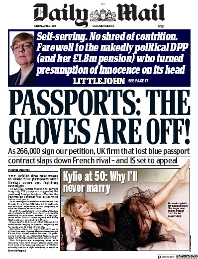 Daily Mail Newspaper Front Page for 3 April 2018