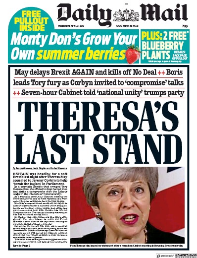 Daily Mail Newspaper Front Page for 3 April 2019