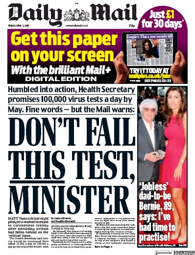 Daily Mail (UK) Newspaper Front Page for 3 April 2020