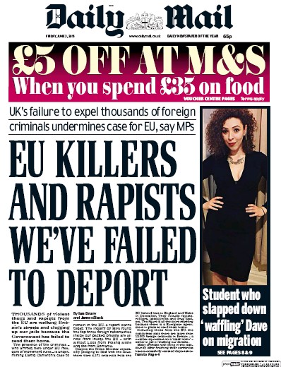 Daily Mail Newspaper Front Page for 3 June 2016