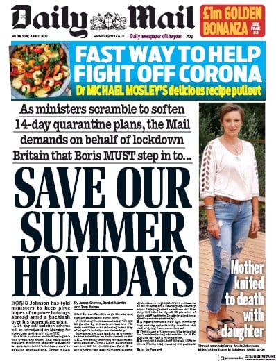 Daily Mail Newspaper Front Page for 3 June 2020