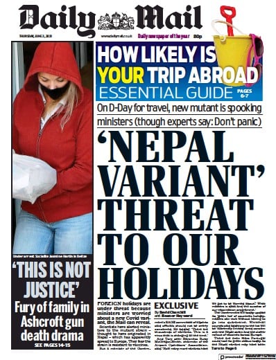 Daily Mail (UK) Newspaper Front Page for 3 June 2021