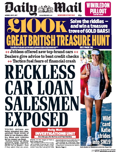 Daily Mail Newspaper Front Page for 3 July 2017