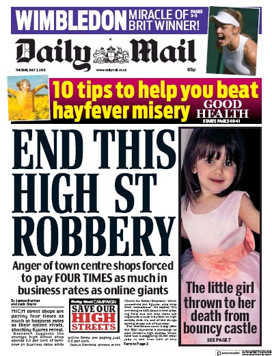 Daily Mail Newspaper Front Page for 3 July 2018