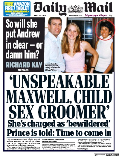 Daily Mail (UK) Newspaper Front Page for 3 July 2020