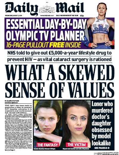 Daily Mail Newspaper Front Page for 3 August 2016
