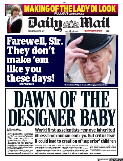 Daily Mail (UK) Newspaper Front Page for 3 August 2017