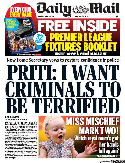 Daily Mail Newspaper Front Page for 3 August 2019