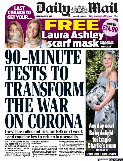 Daily Mail Newspaper Front Page for 3 August 2020