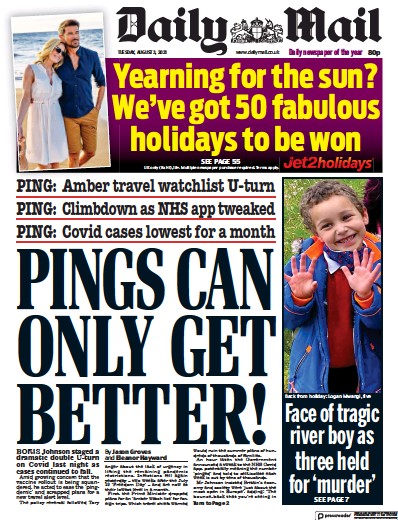 Daily Mail (UK) Newspaper Front Page for 3 August 2021