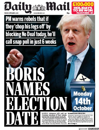 Daily Mail (UK) Newspaper Front Page for 3 September 2019