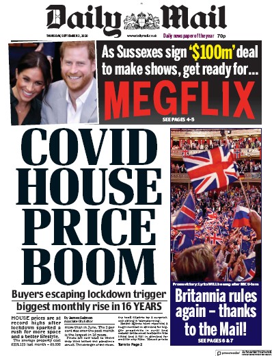 Daily Mail Newspaper Front Page for 3 September 2020