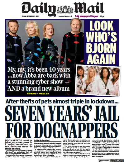 Daily Mail (UK) Newspaper Front Page for 3 September 2021