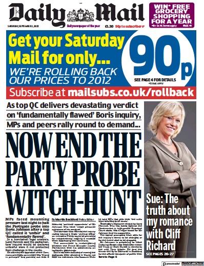 Daily Mail (UK) Newspaper Front Page for 3 September 2022