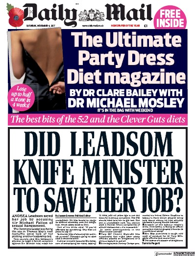 Daily Mail Newspaper Front Page for 4 November 2017