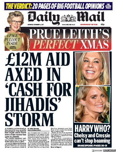 Daily Mail Newspaper Front Page for 4 December 2017