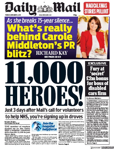 Daily Mail Newspaper Front Page for 4 December 2018