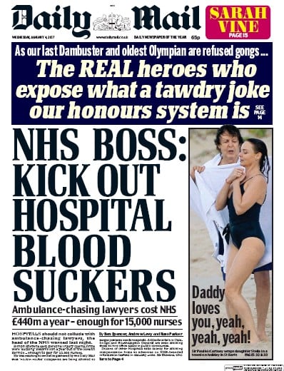 Daily Mail Newspaper Front Page for 4 January 2017