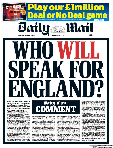 Daily Mail Newspaper Front Page for 4 February 2016