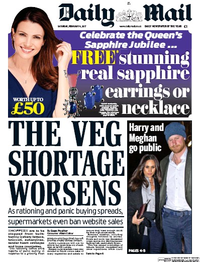 Daily Mail (UK) Newspaper Front Page for 4 February 2017