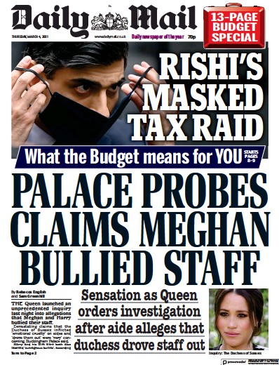 Daily Mail (UK) Newspaper Front Page for 4 March 2021