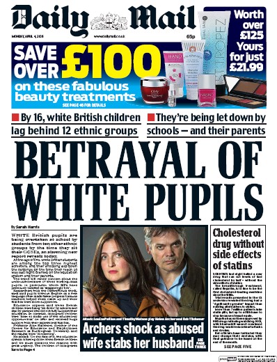 Daily Mail Newspaper Front Page for 4 April 2016
