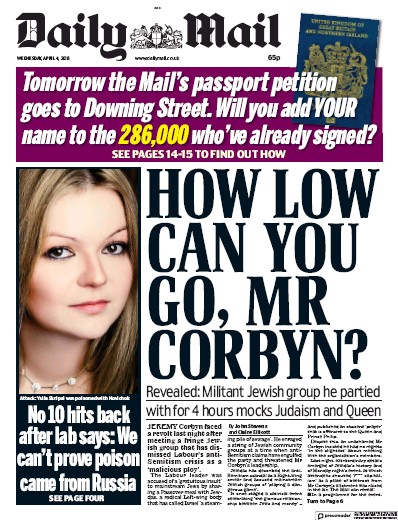 Daily Mail Newspaper Front Page for 4 April 2018