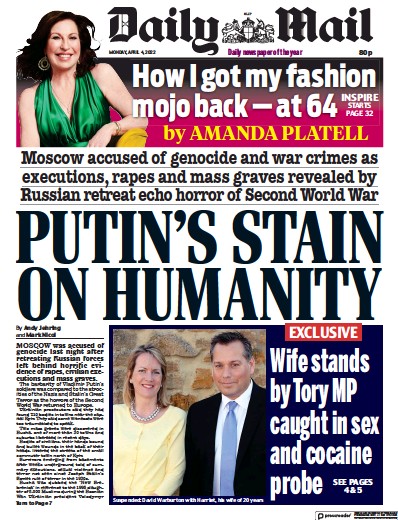 Daily Mail (UK) Newspaper Front Page for 4 April 2022