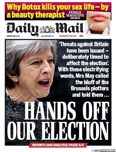 Daily Mail Newspaper Front Page for 4 May 2017