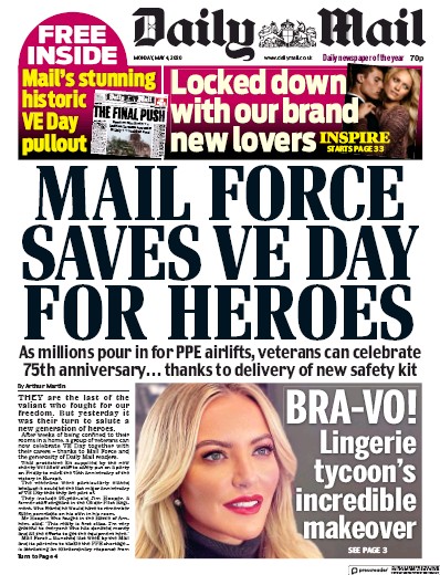 Daily Mail Newspaper Front Page for 4 May 2020