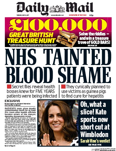 Daily Mail Newspaper Front Page for 4 July 2017