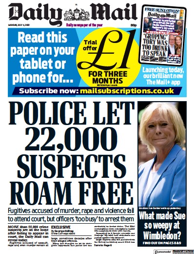 Daily Mail Newspaper Front Page for 4 July 2022