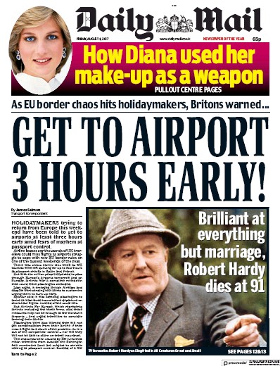 Daily Mail Newspaper Front Page for 4 August 2017