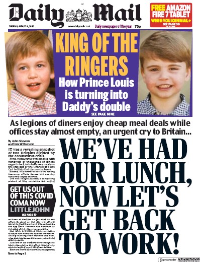 Daily Mail (UK) Newspaper Front Page for 4 August 2020