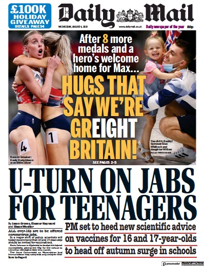Daily Mail (UK) Newspaper Front Page for 4 August 2021