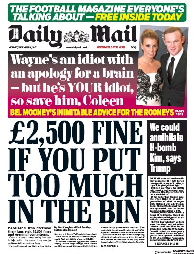 Daily Mail Newspaper Front Page for 4 September 2017