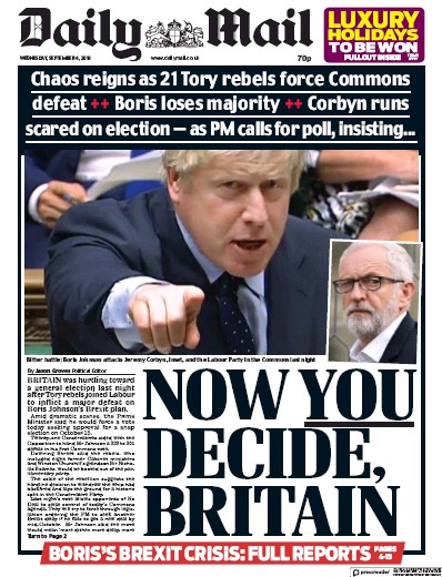 Daily Mail Newspaper Front Page for 4 September 2019