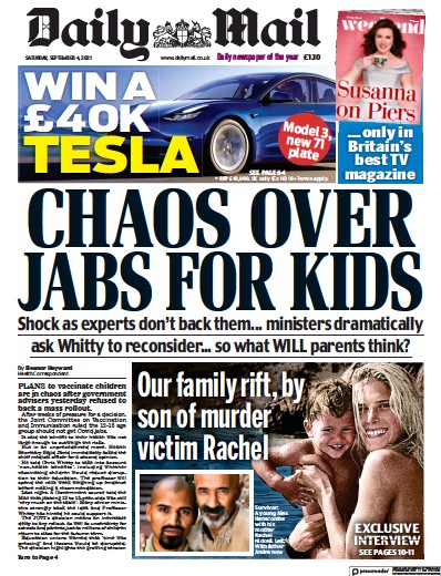 Daily Mail (UK) Newspaper Front Page for 4 September 2021