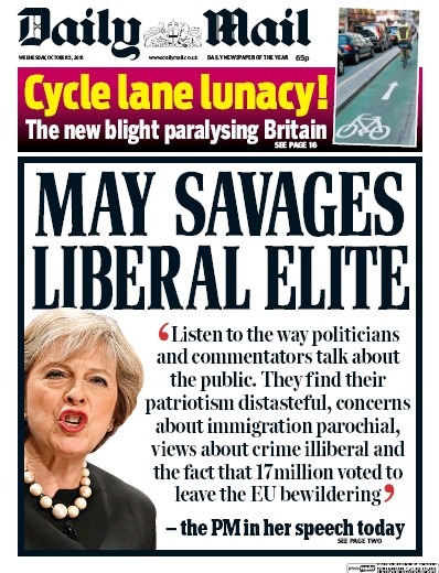 Daily Mail Newspaper Front Page for 5 October 2016