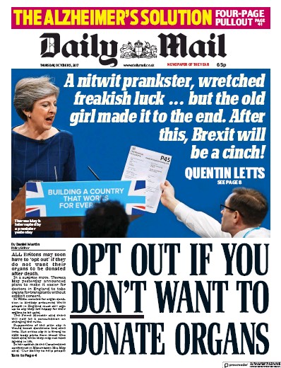 Daily Mail Newspaper Front Page for 5 October 2017